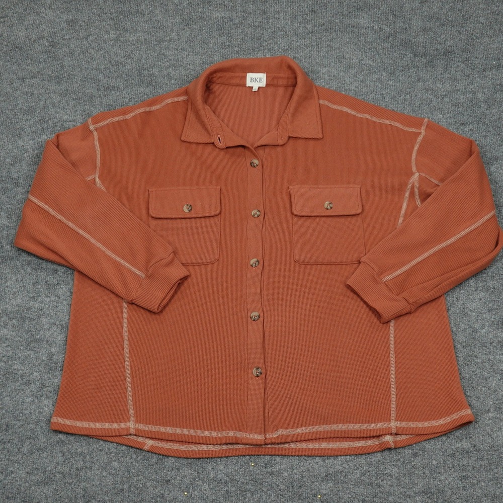 BKE Shirt Women Large Orange Waffle Knit Long Sleeve Button Up Shacket Utility